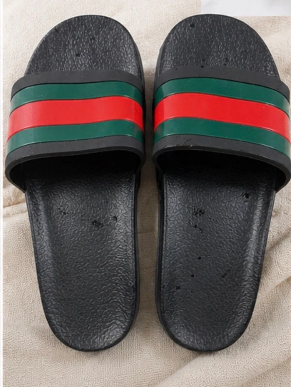 Gucci Black Slides with Signature Green and Red Stripes—MEN’S WEAR